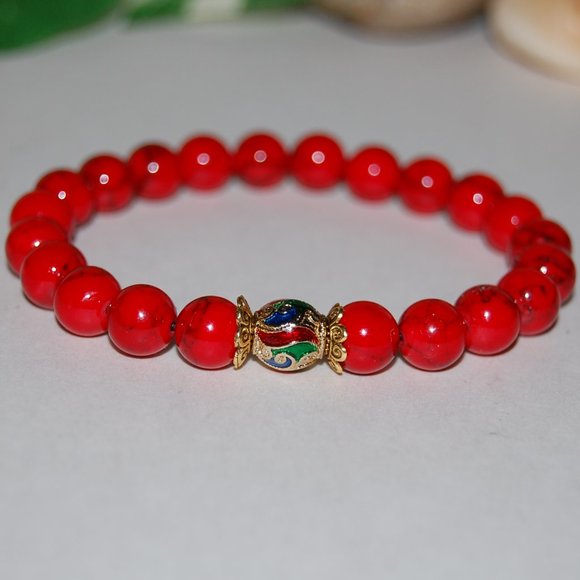 Red Howlite Bracelet,Tibetan Bracelet,Coral Brass focal Charm,8mm Beads - Picture 2 of 3